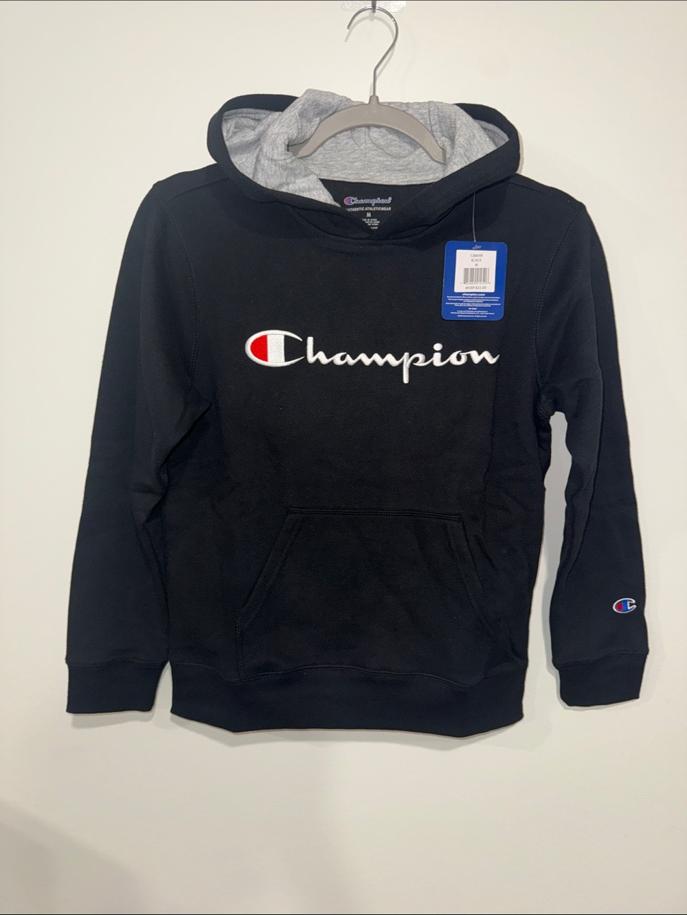Champion Black Hoodie with Grey Hood Lining and Script Logo